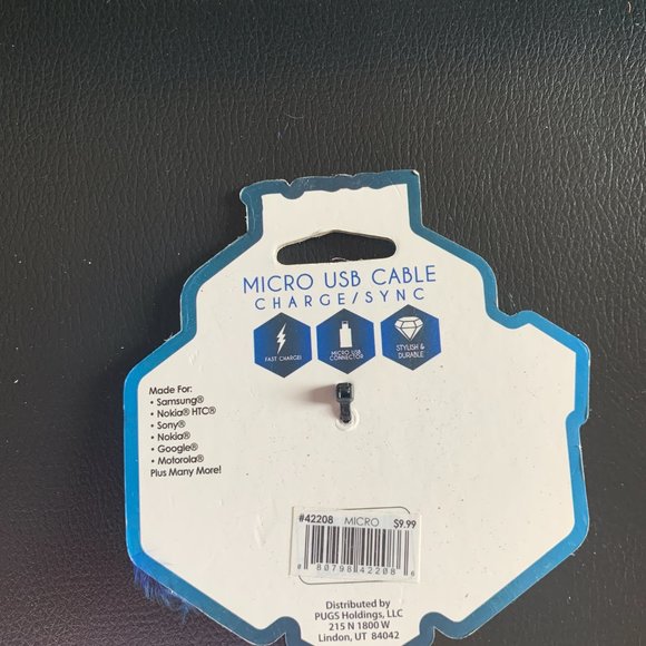 NEW PUGS black Micro USB Cable Charge & Sync Tassel clip - Samsung Sony Google - Picture 3 of 6